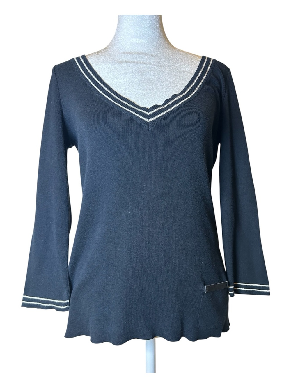 Prada Black Long Sleeve V-Neck Knit Top with White Trim